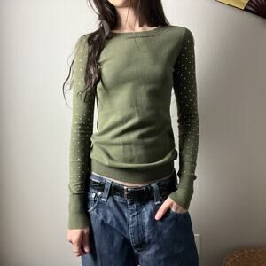 y2k vintage express moss green gold rhinestone studded fitted sweater top
